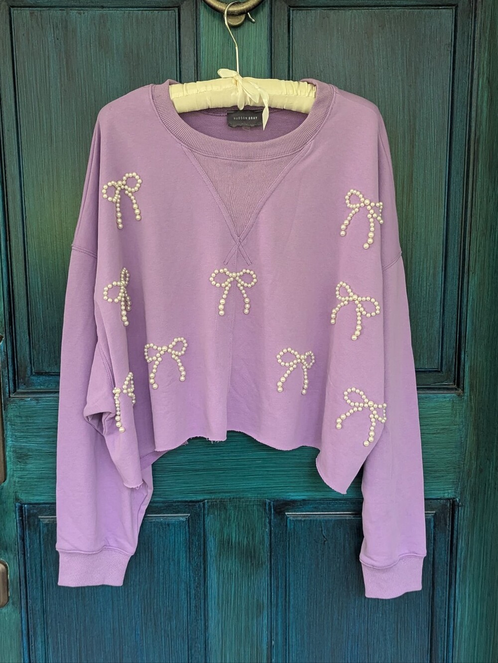 Hudson Gray Lavender Pearl Bow Cropped Sweatshirt Oversized Size L